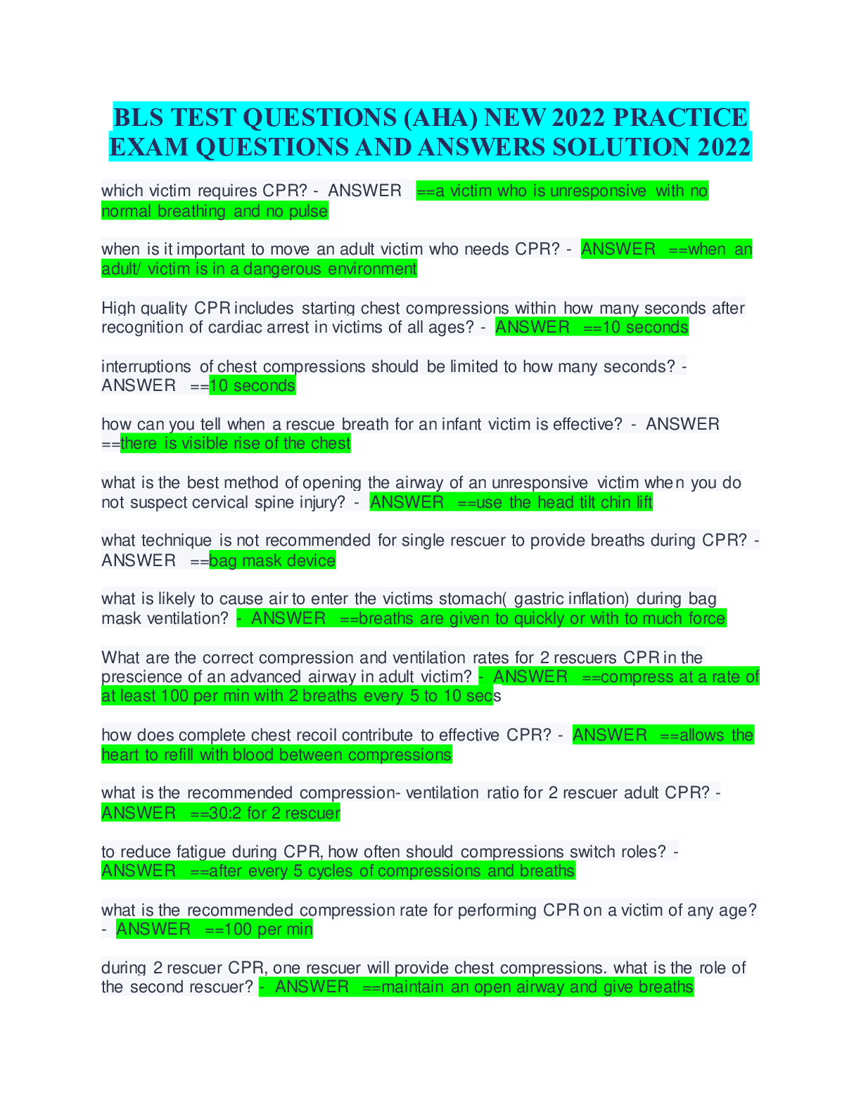 Preview image for BLS TEST QUESTIONS (AHA) NEW 2022 PRACTICE EXAM QUESTIONS AND ANSWERS SOLUTION 2022